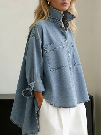 📦📦 New Arrivals🔥Casual Stand-collar Irregular Hem Denim Shirt Top