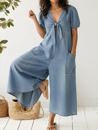 📦📦Buy 2 PCS for free shipping🔥Women's Casual Loose Short-sleeved V-neck Denim Jumpsuit