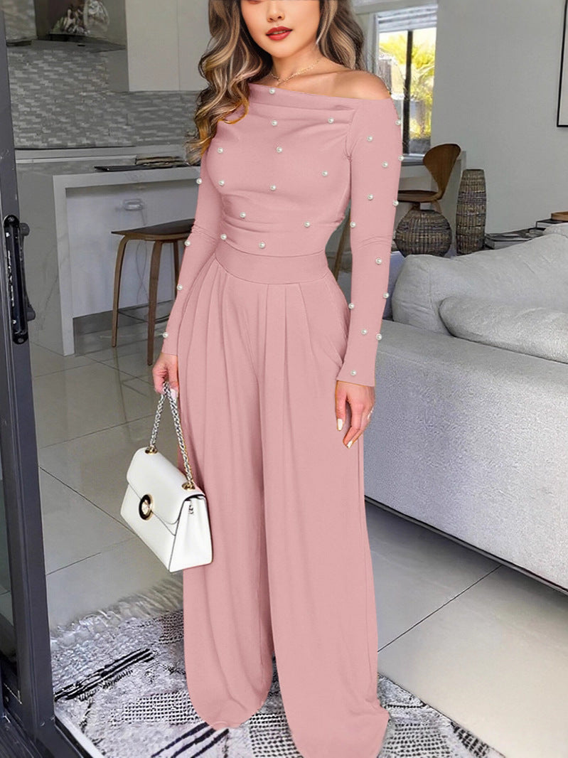 🌹 Women's Chic Pearl Embellished Jumpsuit – Skew Neck, Cinched Waist, Ruched Long Sleeve, Wide Leg