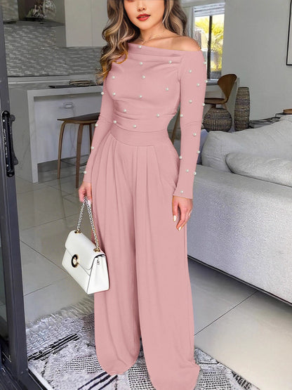🌹 Women's Chic Pearl Embellished Jumpsuit – Skew Neck, Cinched Waist, Ruched Long Sleeve, Wide Leg