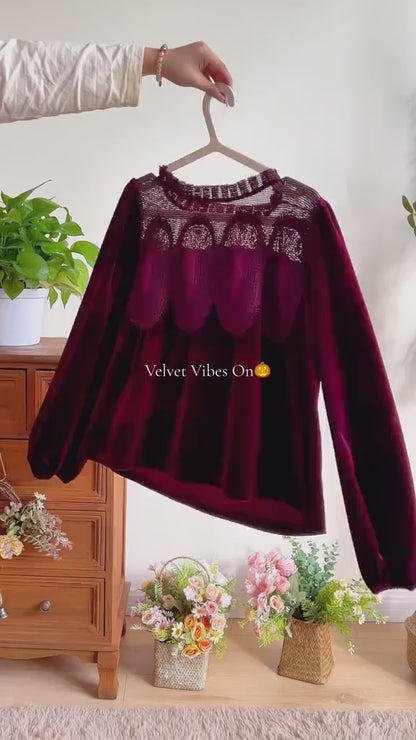 Women’s Velvet Lace Long Sleeve Swing Blouse – Elegant Festive Top for Fall & Winter
