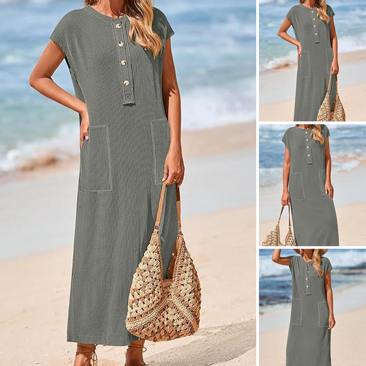 💥 💥 Women's Ribbed Knit Henley Maxi Dress