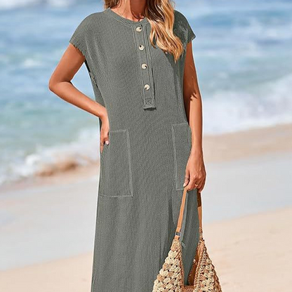 💥 💥 Women's Ribbed Knit Henley Maxi Dress