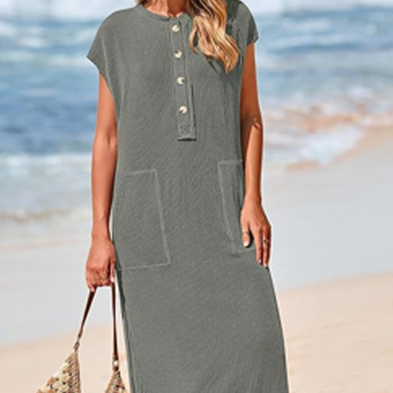 💥 💥 Women's Ribbed Knit Henley Maxi Dress