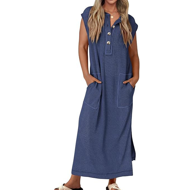 💥 💥 Women's Ribbed Knit Henley Maxi Dress