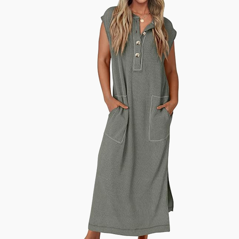 💥 💥 Women's Ribbed Knit Henley Maxi Dress