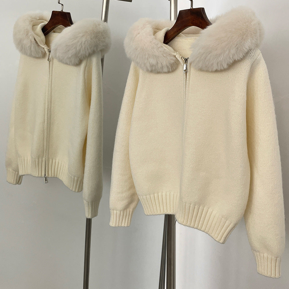 Women Hooded Fur Collar Casual Knitted Coat