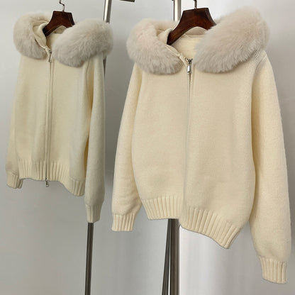 Women Hooded Fur Collar Casual Knitted Coat